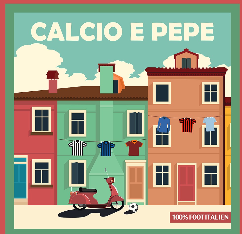 Illustration d'une rue italienne avec des maillots, une Vespa et un ballon de football